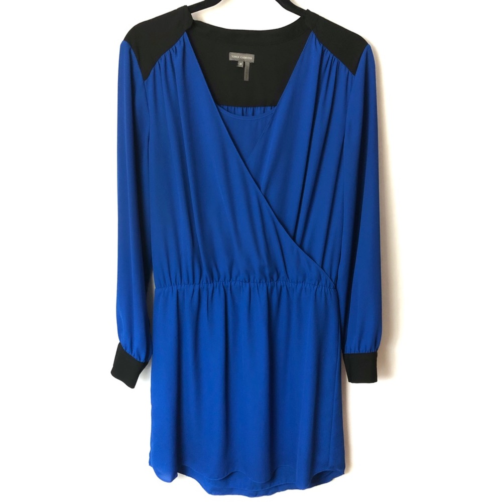 Vince Camuto Dress Colorblock Surplice Tunic Blue Black Long Sleeve Medium